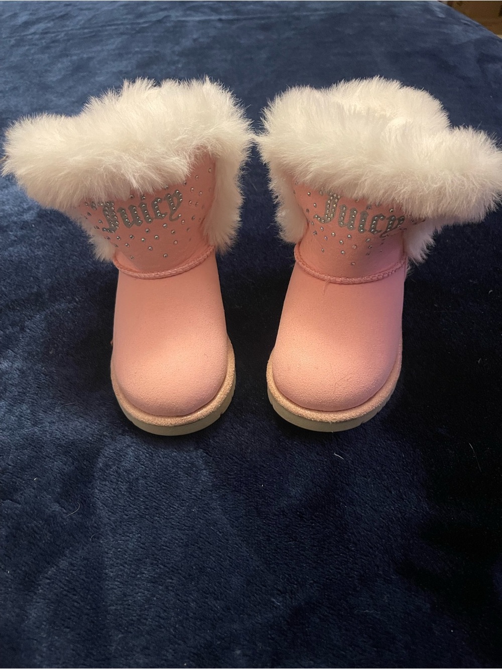 Juicy Couture Pink Faux Fur Cuff Kids Boots with Rhinestone Logo